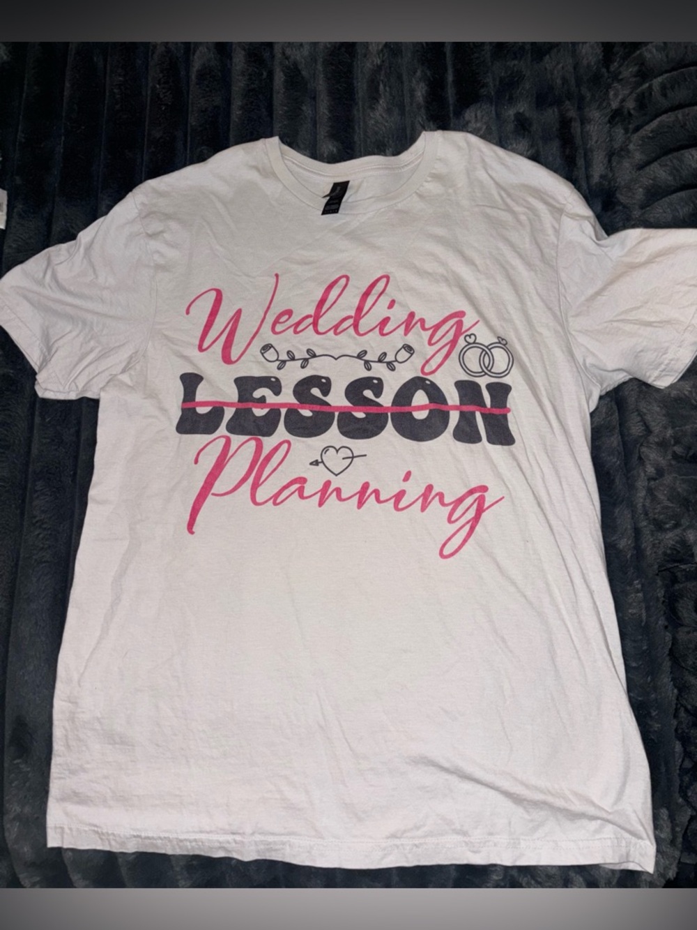 Gildan White "Wedding Planning" Graphic Tee with Pink and Black Print
